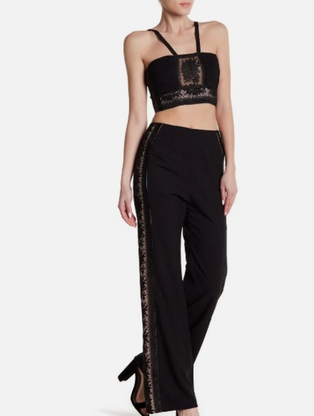 Free People Black Flare Pants with Lace-Trim Side Panels